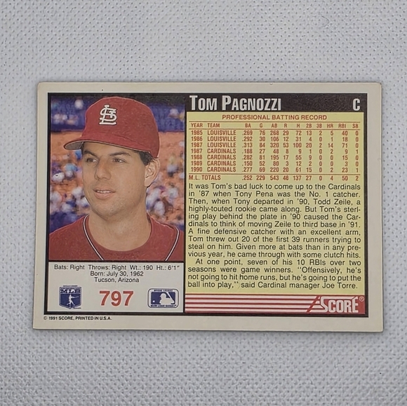 1991 Score Tom Pagnozzi St. Louis Cardinals #797 Baseball Card - Picture 4 of 4